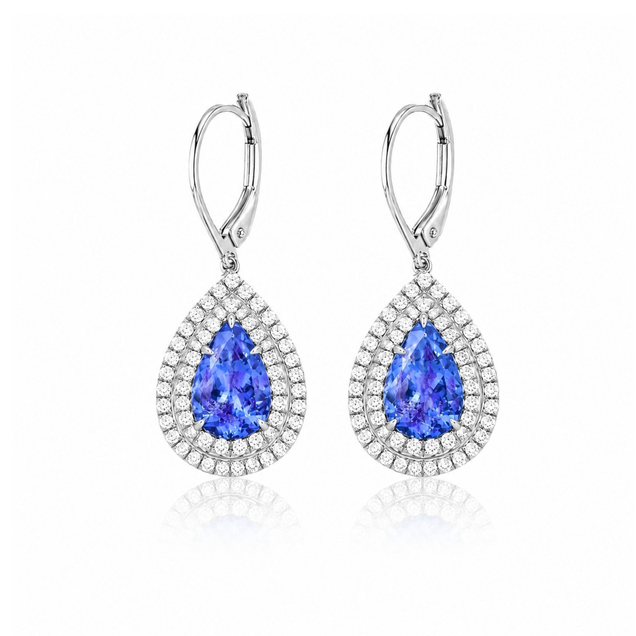 Pear-Shaped Tanzanite Double Halo Drop Earrings
