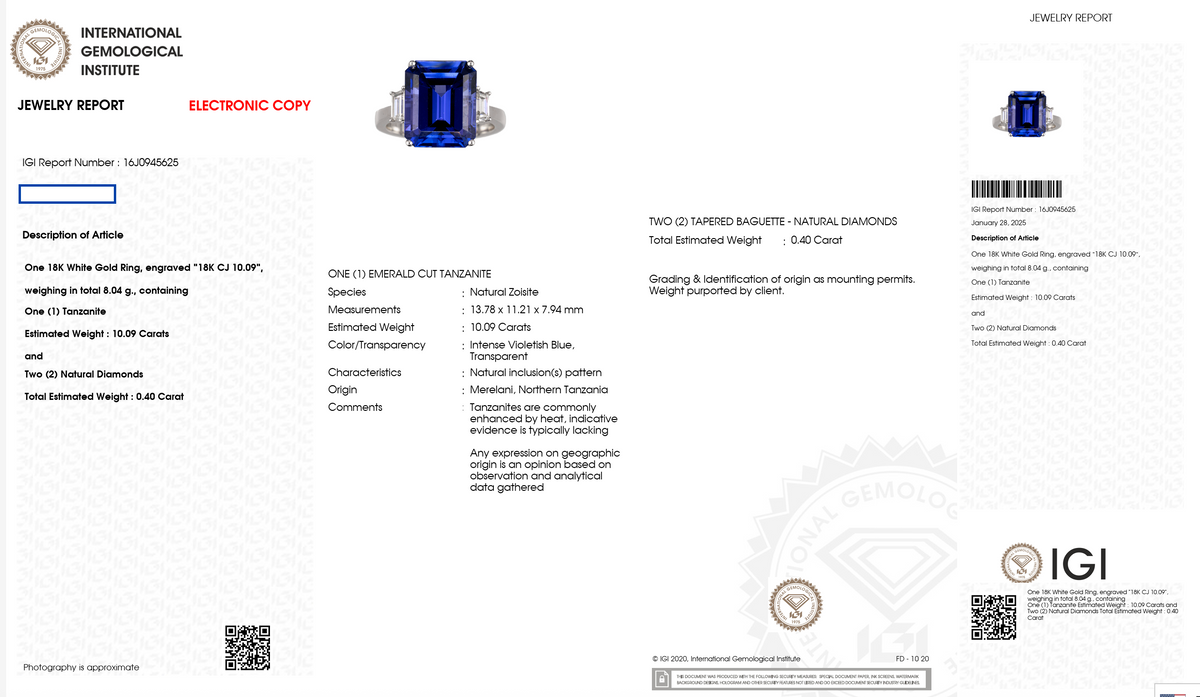 10 Carat Emerald Cut Tanzanite Ring