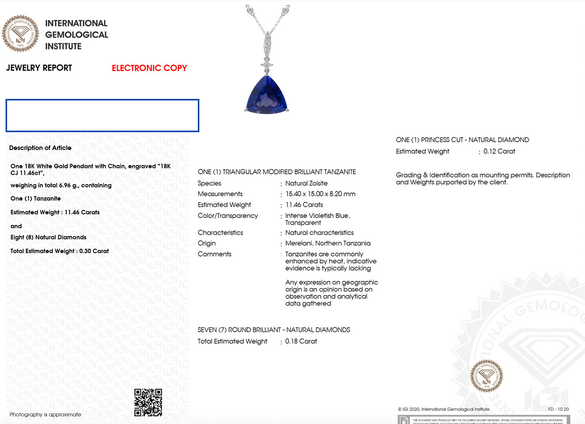 Impressive Tanzanite Pendant – Investment Grade - 11 Carats