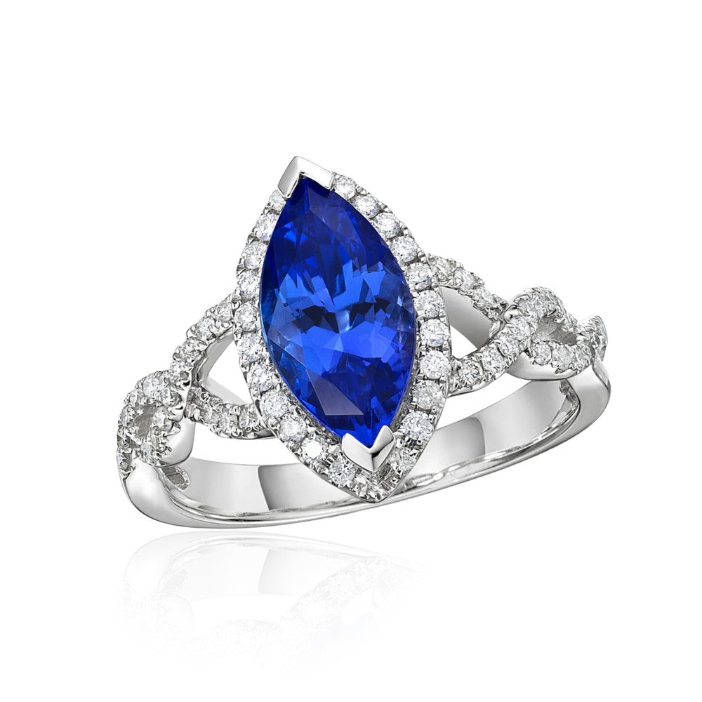 2.00 Ct Marquise Cut Tanzanite Twist Ring with Diamond Halo & Band