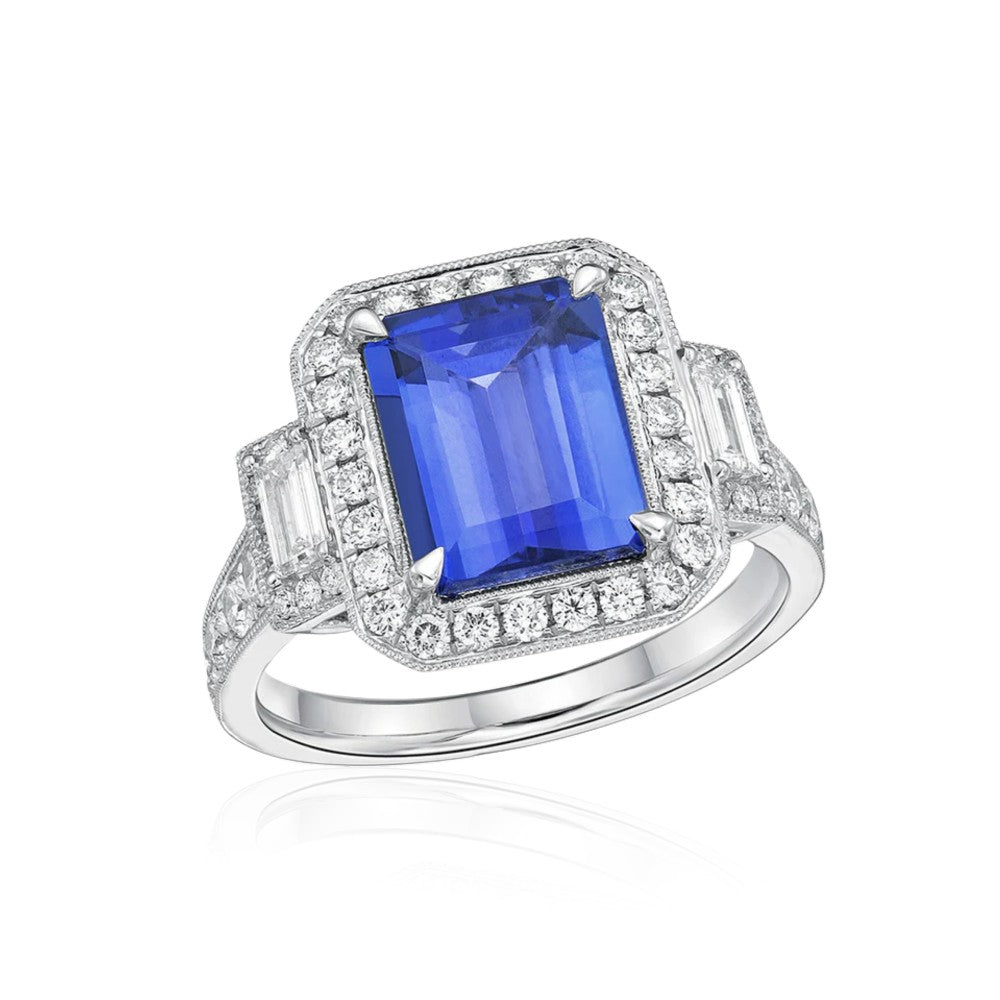 Exceptional Emerald Cut Tanzanite & Diamond Ring – Made to Order