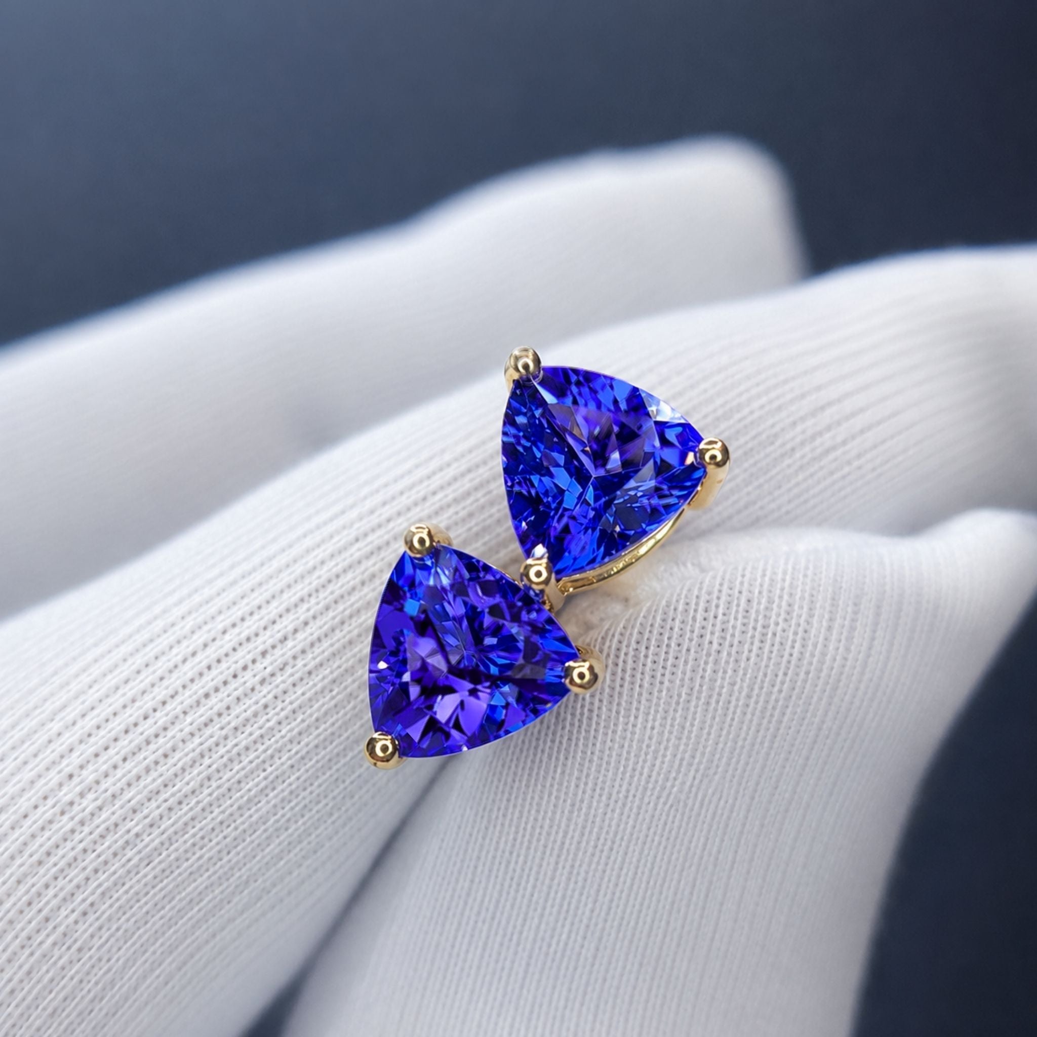 trillion cut tanzanite stud earrings AAA+ grade