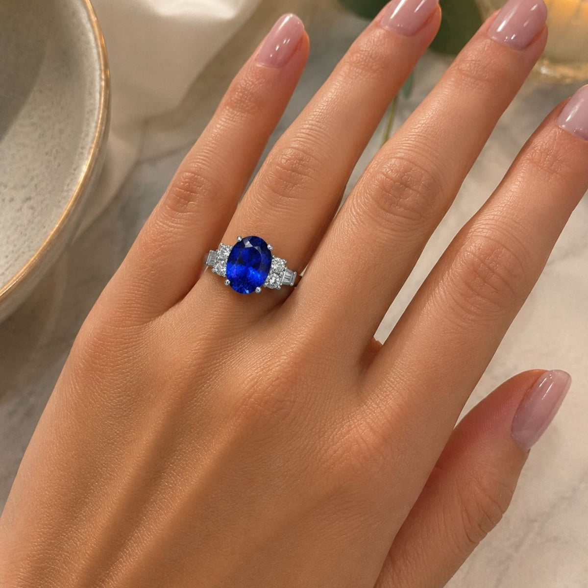 "Balmoral" Oval Tanzanite & Baguette Diamond Engagement Ring - Made to Order