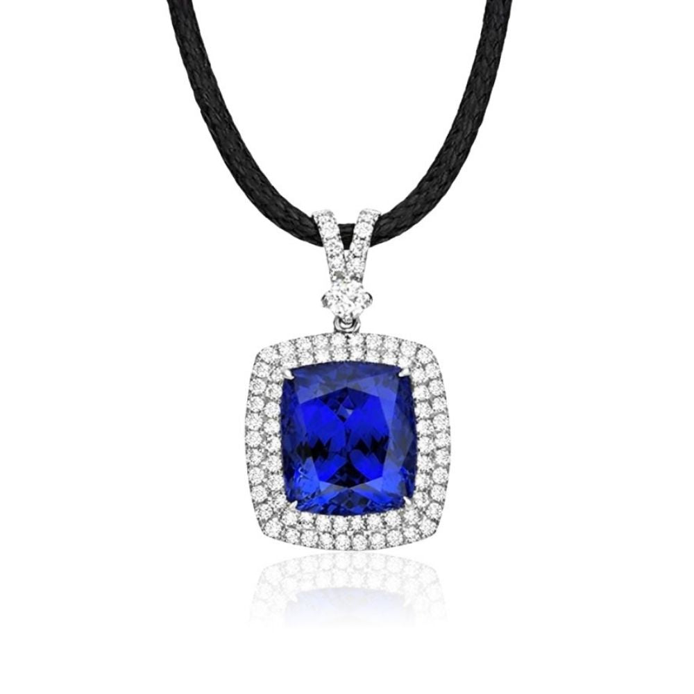 Exceptional 13.61 Ct Tanzanite Pendant With Double Diamond Halo