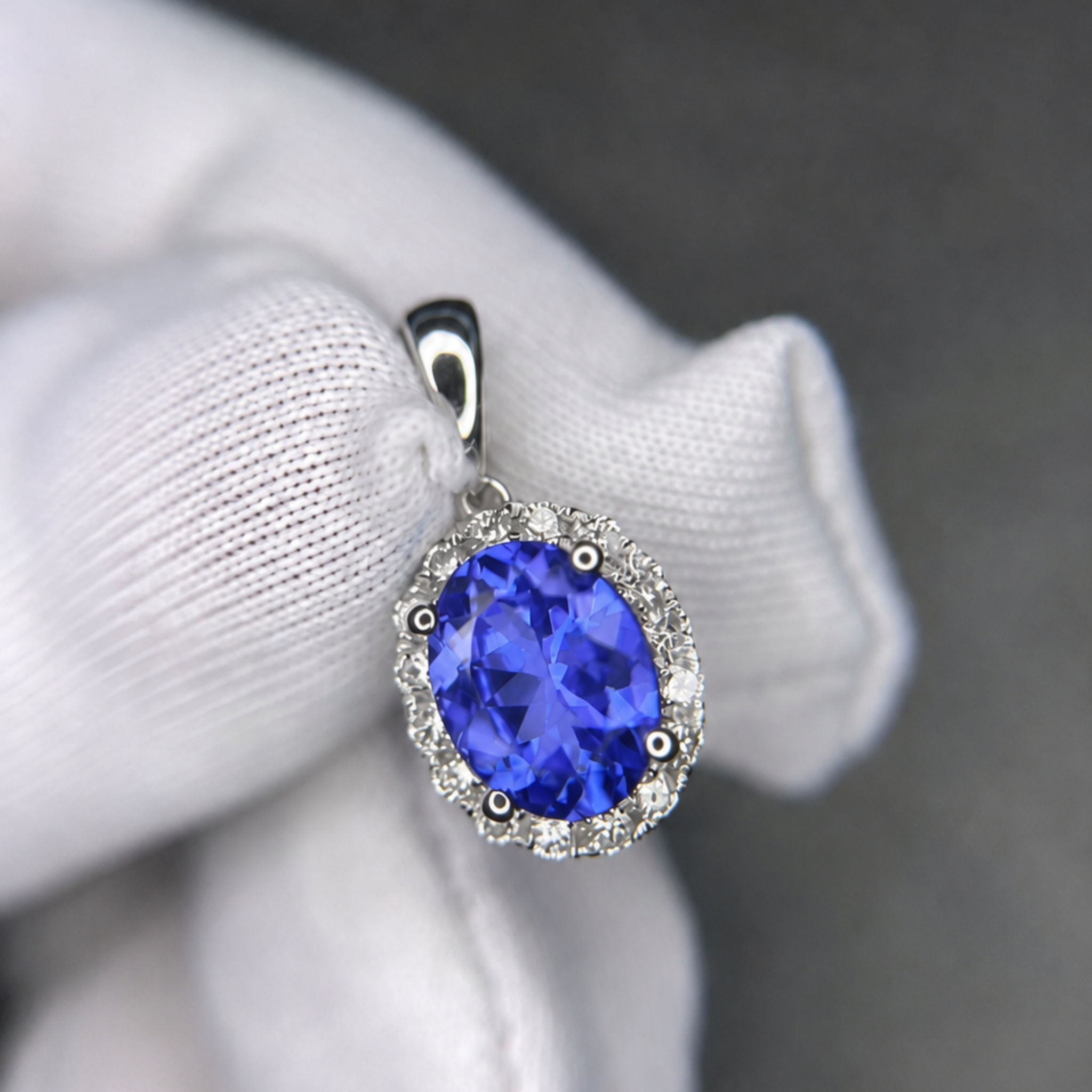 “Kate” Classic 2.00 Carat Oval Tanzanite & Diamond Halo Pendant.