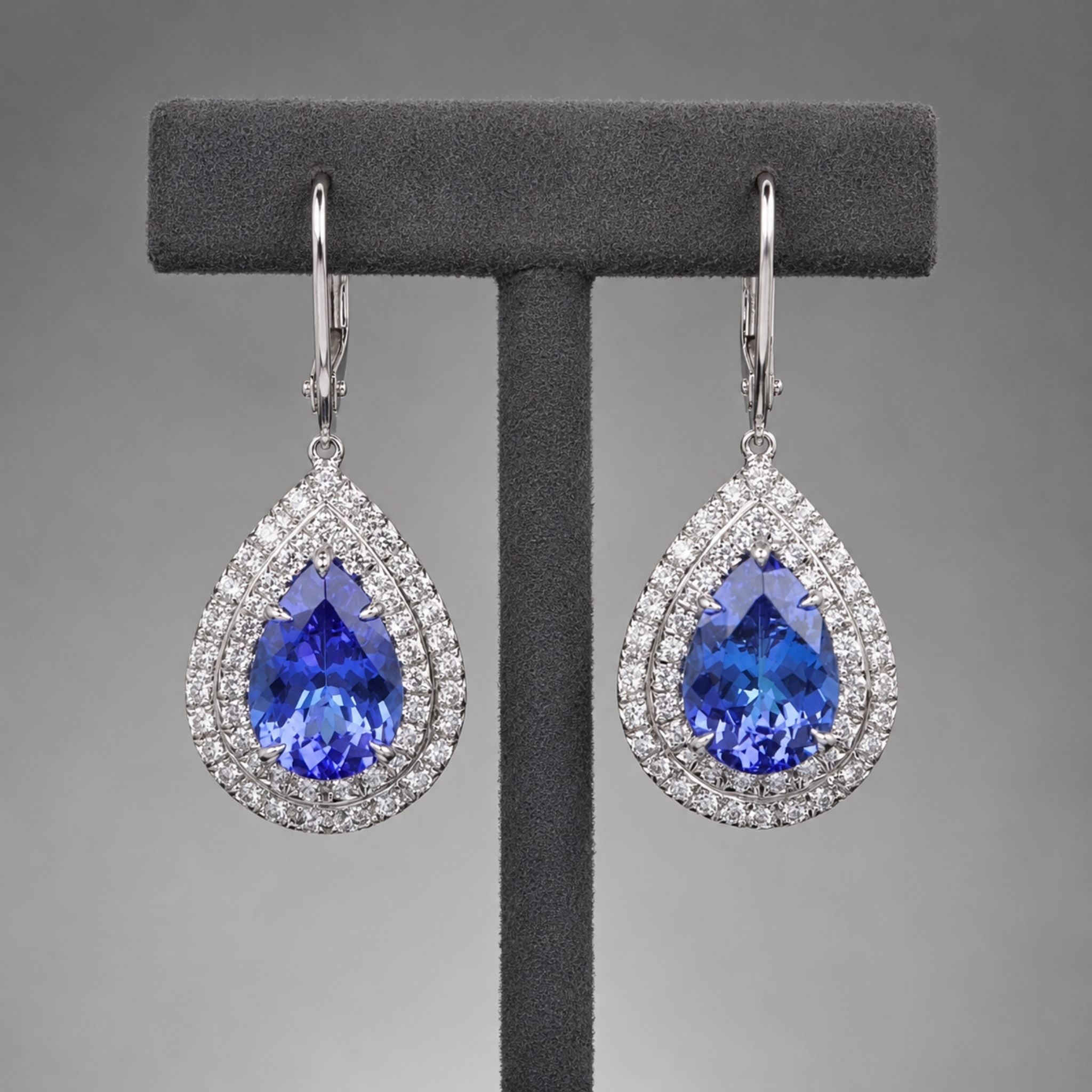 Pear-Shaped Tanzanite Double Halo Drop Earrings