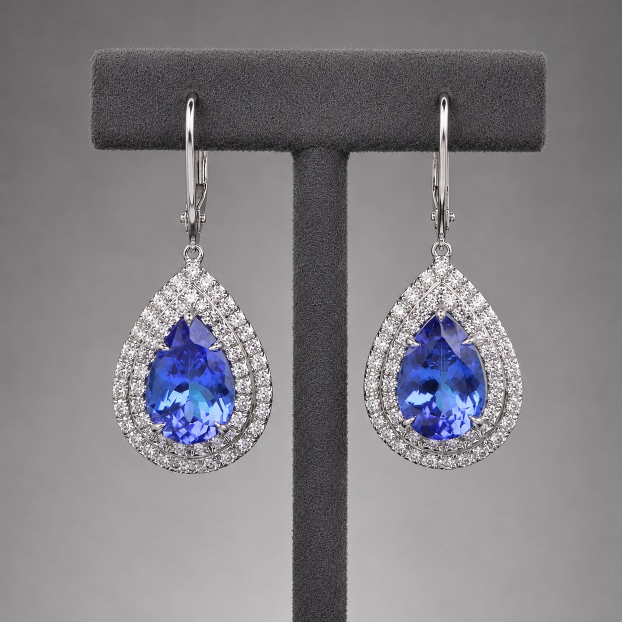Pear-Shaped Tanzanite Double Halo Drop Earrings