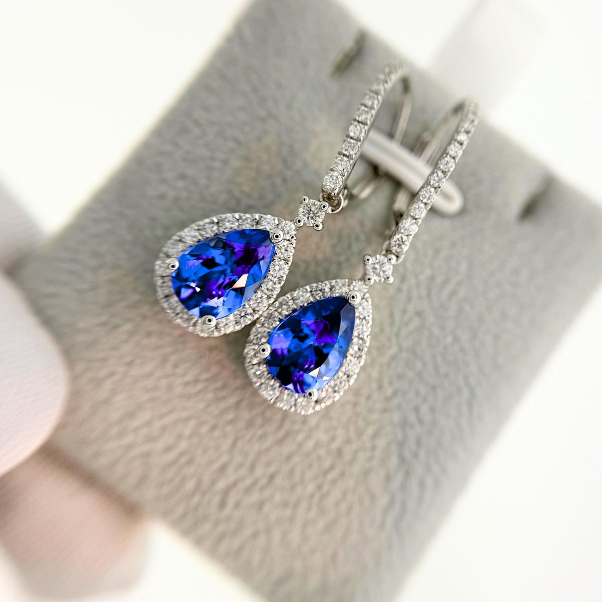 Classic Pear Shaped Tanzanite & Diamond Drop Earrings | 14K Gold, Hook Closures