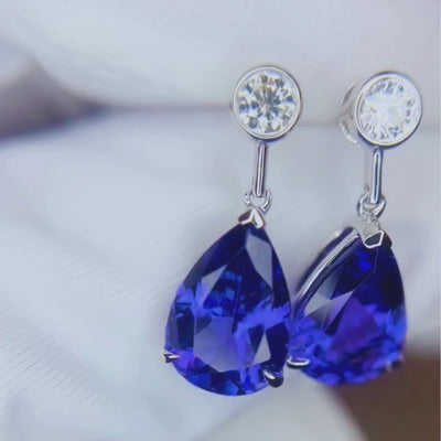 Heirloom quality pear-shaped tanzanite earrings with vivid sapphire-blue colour