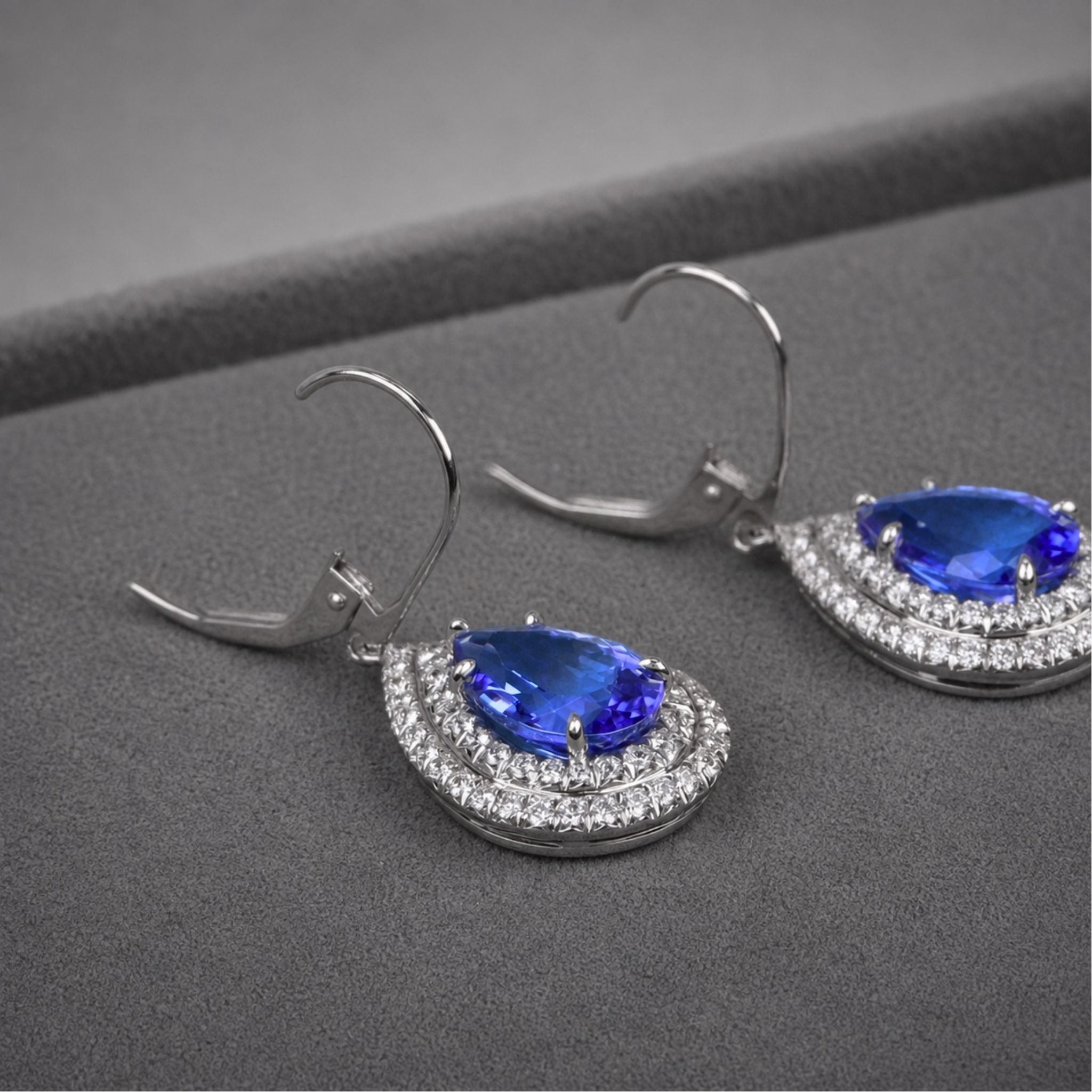 Pear-Shaped Tanzanite Double Halo Drop Earrings