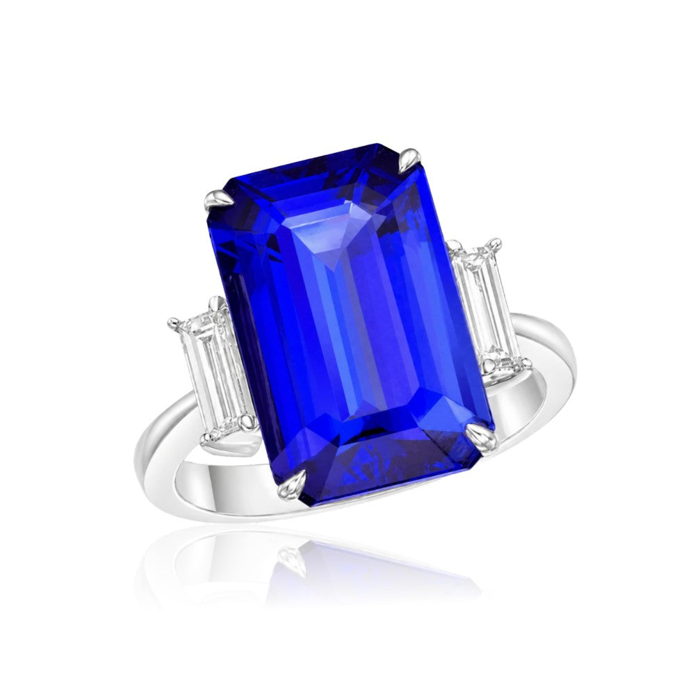 9 Carat Emerald Cut Tanzanite Ring with Baguette Diamonds - Made to Order