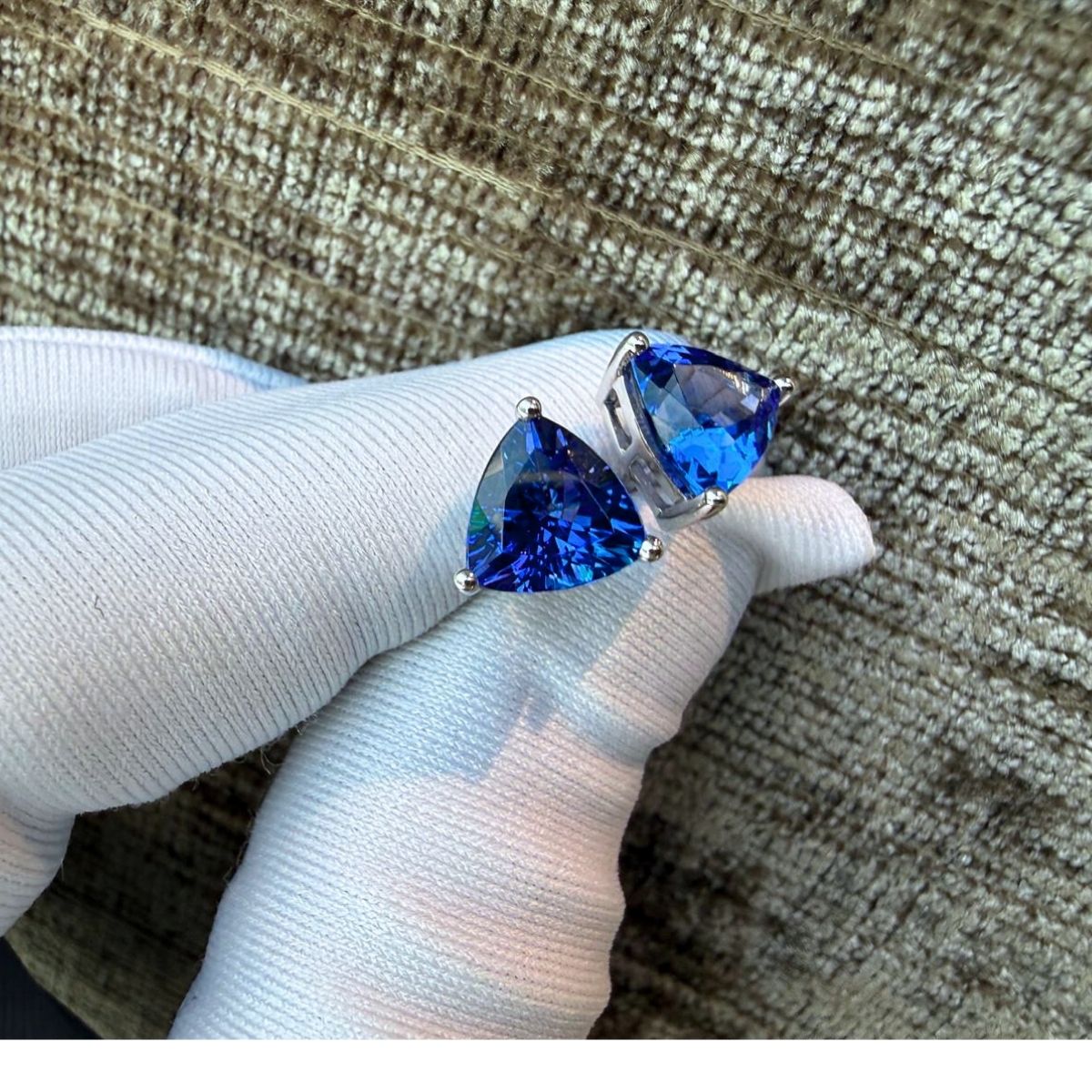 Premium Trillion Cut Tanzanite Stud Earrings in 18k White Gold