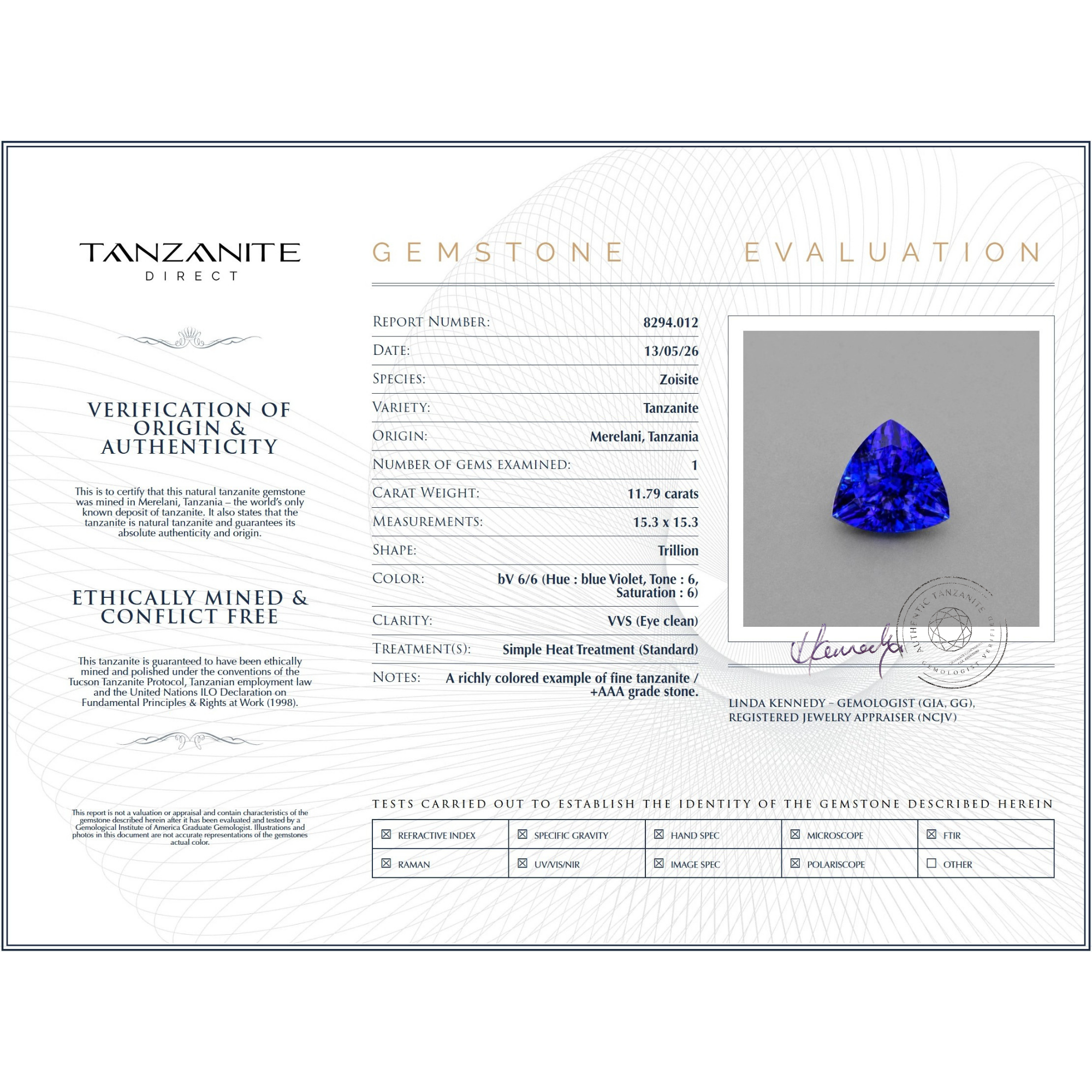 Violet & Blue Tanzanite Trillion Cut  -11.79 Carats