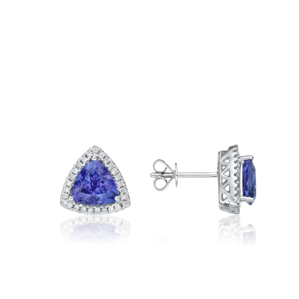 Violet Trillion Cut Tanzanite & Diamond Stud Earrings in 14k White Gold
